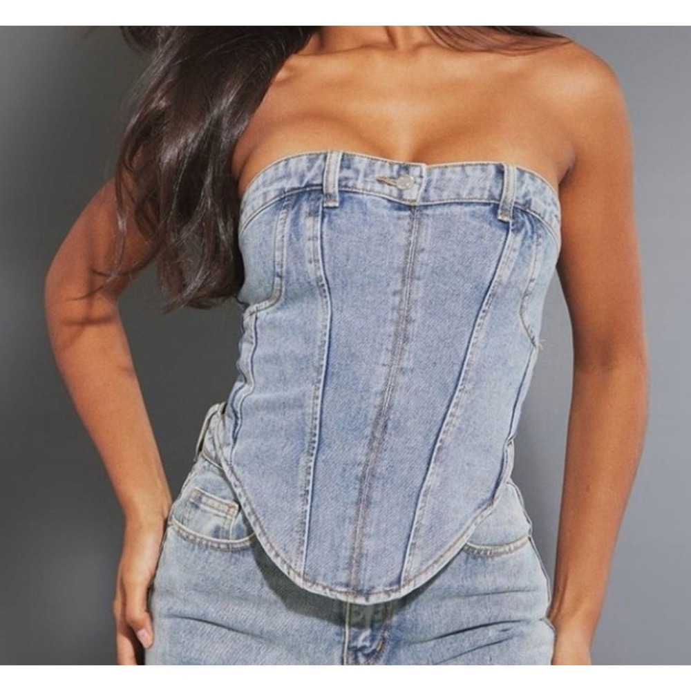 PrettyLittleThing Plus Light Blue Wash Jean Waistband Denim Corset US Size 14